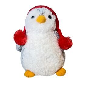Aurora World Penguin Plush Wearing Red Ear Flaps Winter Hat ~8.5" Tall Soft